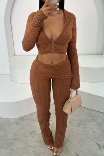 Light Brown Casual Solid Color Zipper Hooded Two Pieces