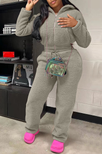 Light Gray Casual Solid Color Zipper Hooded Long Sleeve Two Pieces