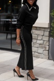 Black Casual Patchwork Pearls Decor Turndown Collar Long Sleeve Two Pieces