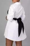 Orange Casual Patchwork Buttons Bow Decor Belted Contrast Turndown Collar Shirt Dresses