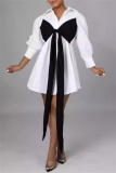 Orange Casual Patchwork Buttons Bow Decor Belted Contrast Turndown Collar Shirt Dresses