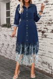 Deep Blue Casual Solid Color Fringed Trim Buttons Turndown Collar Denim Plus Size Dresses