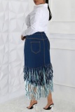 Deep Blue Casual Solid Color Fringed Trim A Line Plus Size High Waist Denim Skirt