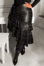Black Casual Solid Color Beading Irregular Bodycon High Waist Conventional Patchwork Bottoms