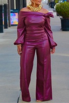Burgundy Casual Solid Color Patchwork Off Shoulder Long Sleeve Two Pieces