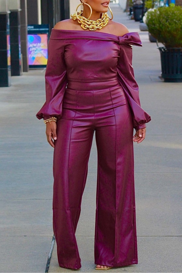 Burgundy Casual Solid Color Patchwork Off Shoulder Long Sleeve Two Pieces