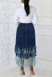 Deep Blue Casual Solid Color Fringed Trim A Line Plus Size High Waist Denim Skirt