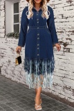 Deep Blue Casual Solid Color Fringed Trim Buttons Turndown Collar Denim Plus Size Dresses