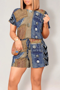 Multicolor Casual Street Faux Denim Print Draw String Pocket O Neck Loose Rompers