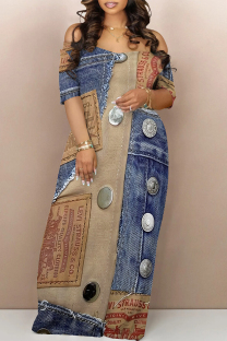 Multicolor Sexy Street Faux Denim Print Contrast Off Shoulder Printed Dresses