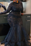 Red Sexy Solid Color Lace Patchwork Mesh Zipper O Neck Long Plus Size Dresses