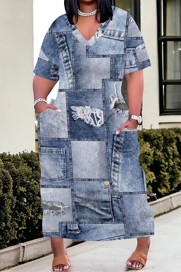 Baby Blue Casual Street Faux Denim Print Pocket V Neck Printed Plus Size Dresses