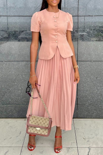 Pink Casual Solid Color Buckle Patchwork Pleated O Neck Short Sleeve Two Pieces