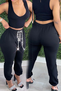 Black Casual Solid Color Patchwork Cross Straps Regular Mid Waist Pencil Patchwork Bottoms