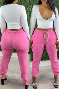 Pink Casual Solid Color Patchwork Cross Straps Regular Mid Waist Pencil Patchwork Bottoms