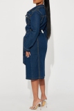 Deep Blue Casual Solid Color Buttons Turndown Collar Long Sleeve Regular Denim Dresses