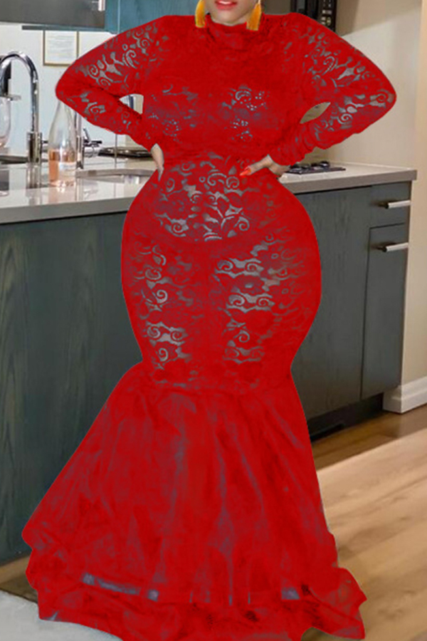 Red Sexy Solid Color Lace Patchwork Mesh Zipper O Neck Long Plus Size Dresses