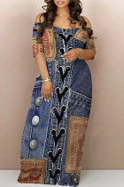 Dark Blue Sexy Street Faux Denim Print Contrast Off Shoulder Printed Dresses