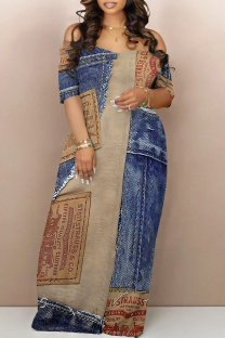 Blue Coffee Sexy Street Faux Denim Print Contrast Off Shoulder Printed Dresses