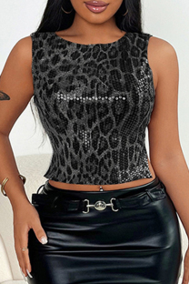 Black Sexy Leopard Print Patchwork Backless O Neck Tops