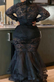 Red Sexy Solid Color Lace Patchwork Mesh Zipper O Neck Long Plus Size Dresses