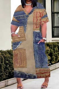 Blue Coffee Casual Street Faux Denim Print Pocket V Neck Printed Plus Size Dresses