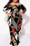 Red Sexy Floral Print Leopard Contrast Off Shoulder Printed Plus Size Dresses(No Belt)