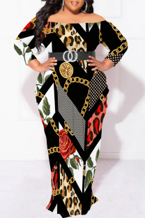 Red Sexy Floral Print Leopard Contrast Off Shoulder Printed Plus Size Dresses(No Belt)