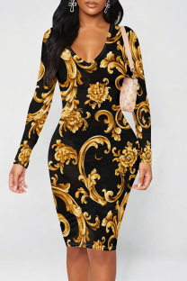Black Gold Elegant Print Patchwork V Neck Wrapped Skirt Dresses