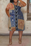 Baby Blue Casual Street Faux Denim Print Pocket Contrast V Neck Printed Plus Size Dresses