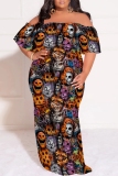 Blue Casual Print Patchwork Off Shoulder Long Plus Size Dresses