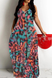 Dark Blue Sexy Casual Print Backless Spaghetti Strap Long Dresses