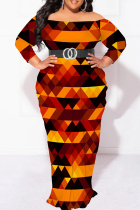 Orange Red Elegant Print Patchwork Backless Off Shoulder Printed Plus Size Dresses