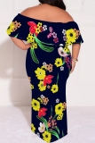 Ginger Casual Floral Print Patchwork Backless Off Shoulder Long Plus Size Dresses