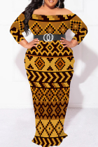 Brown Elegant Print Patchwork Backless Off Shoulder Printed Plus Size Dresses