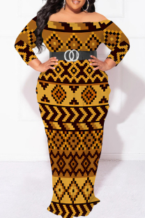 Brown Elegant Print Patchwork Backless Off Shoulder Printed Plus Size Dresses