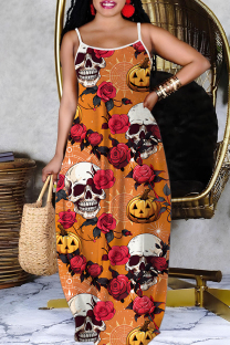 Orange Sexy Casual Print Backless Spaghetti Strap Long Dresses