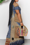 Blue Coffee Sexy Faux Denim Print Pocket Contrast V Neck Printed Dresses