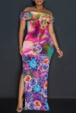 Blue Casual Floral Print Slit Off Shoulder Long Dresses