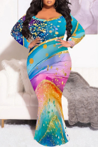Multi-color Sexy Street Leopard Print Gradient Contrast V Neck Fishtail Plus Size Dresses