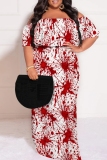Blue Casual Print Patchwork Off Shoulder Long Plus Size Dresses