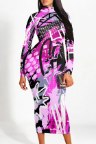 Rose Pink Street Elegant Geometric Print Flowers Contrast Half A Turtleneck Printed Dresses