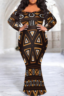 Dark Brown Elegant Print Patchwork O Neck Long Plus Size Dresses