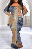 Dark Blue Sexy Faux Denim Print Contrast V Neck Fishtail Plus Size Dresses