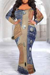 Multicolor Sexy Faux Denim Print Contrast V Neck Fishtail Plus Size Dresses