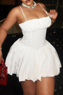 White Sexy Solid Color Patchwork Backless Ruched Spaghetti Strap Sling Dresses