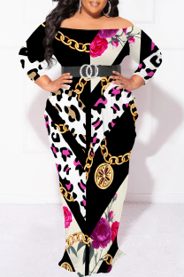 Pink Sexy Floral Print Leopard Contrast Off Shoulder Printed Plus Size Dresses(No Belt)