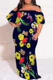 Ginger Casual Floral Print Patchwork Backless Off Shoulder Long Plus Size Dresses