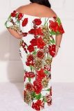 Ginger Casual Floral Print Patchwork Backless Off Shoulder Long Plus Size Dresses