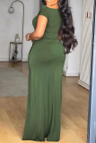 Army Green Elegant Solid Color Patchwork High Slit Ruched O Neck Long Dresses